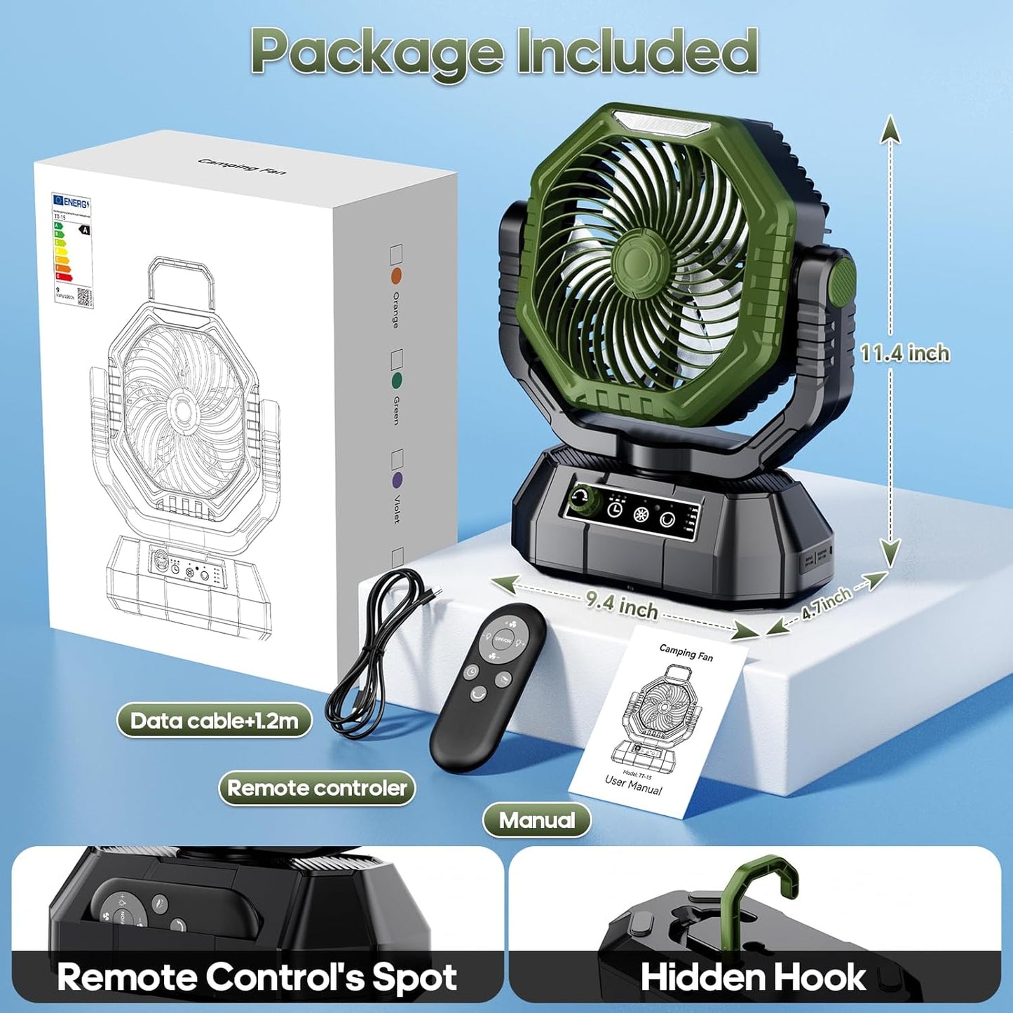 Camping Fan Rechargeable, Battery Powered Fan with Remote Controller, LED Light, Dual Motors, Stepless Speed, 45°/90°/270° Swing,Timer, Portable Fan for Travel Tent Bedroom Beach Fishing, Green