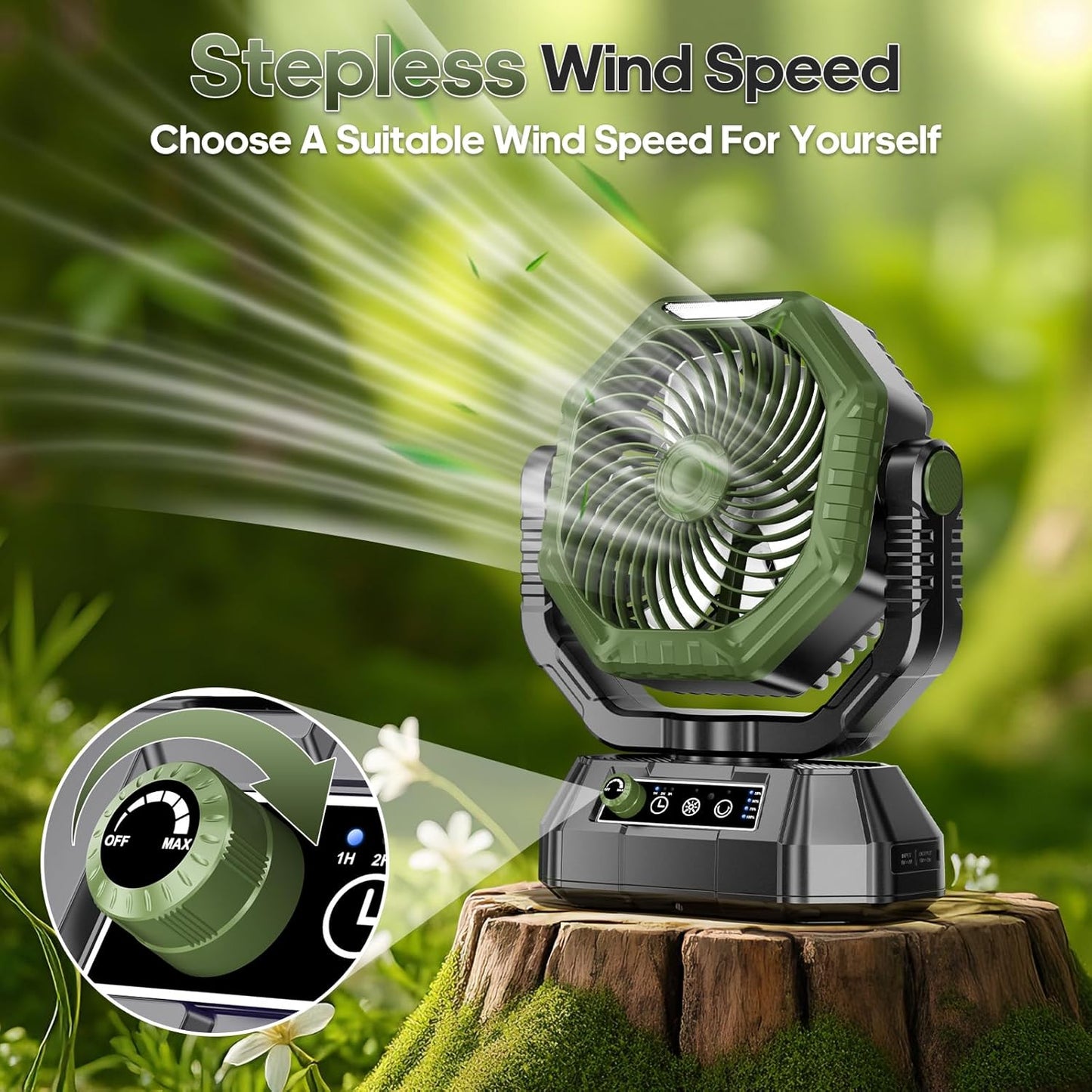 Camping Fan Rechargeable, Battery Powered Fan with Remote Controller, LED Light, Dual Motors, Stepless Speed, 45°/90°/270° Swing,Timer, Portable Fan for Travel Tent Bedroom Beach Fishing, Green