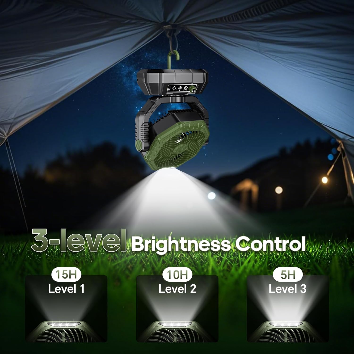 Camping Fan Rechargeable, Battery Powered Fan with Remote Controller, LED Light, Dual Motors, Stepless Speed, 45°/90°/270° Swing,Timer, Portable Fan for Travel Tent Bedroom Beach Fishing, Green