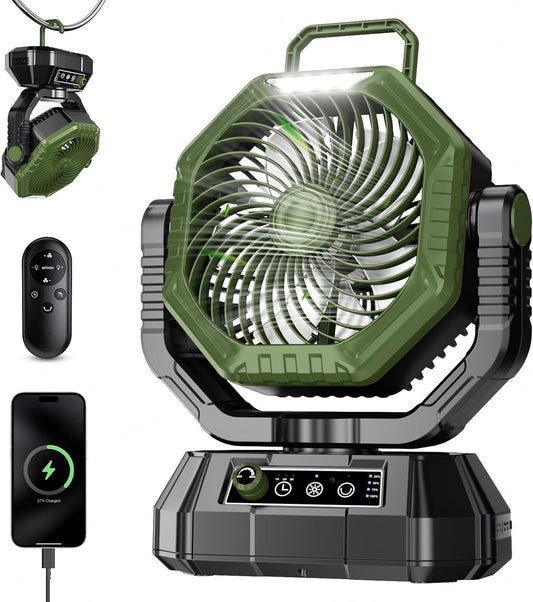 Camping Fan Rechargeable, Battery Powered Fan with Remote Controller, LED Light, Dual Motors, Stepless Speed, 45°/90°/270° Swing,Timer, Portable Fan for Travel Tent Bedroom Beach Fishing, Green