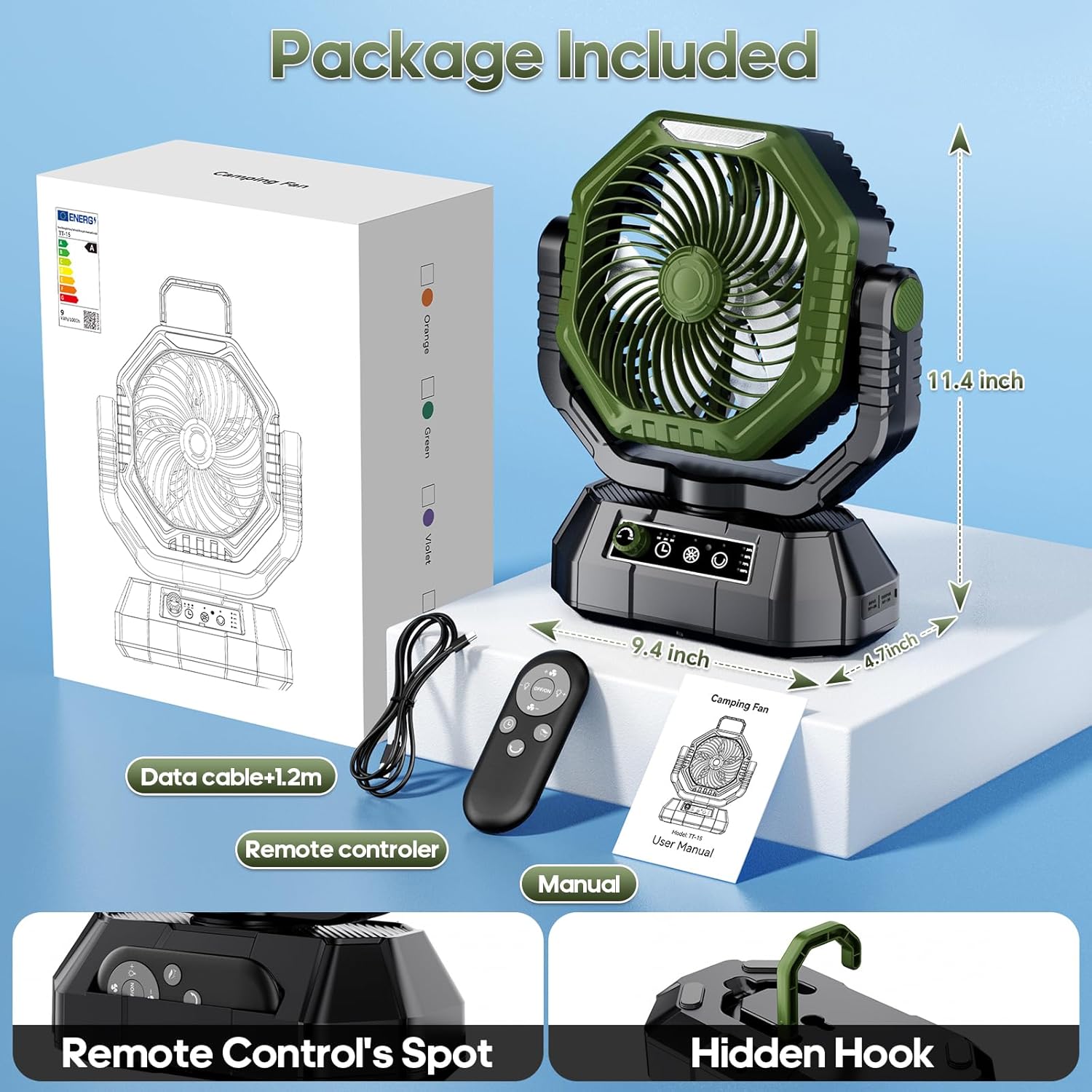 Camping Fan Rechargeable, Battery Powered Fan with Remote Controller, LED Light, Dual Motors, Stepless Speed, 45°/90°/270° Swing,Timer, Portable Fan for Travel Tent Bedroom Beach Fishing, Green
