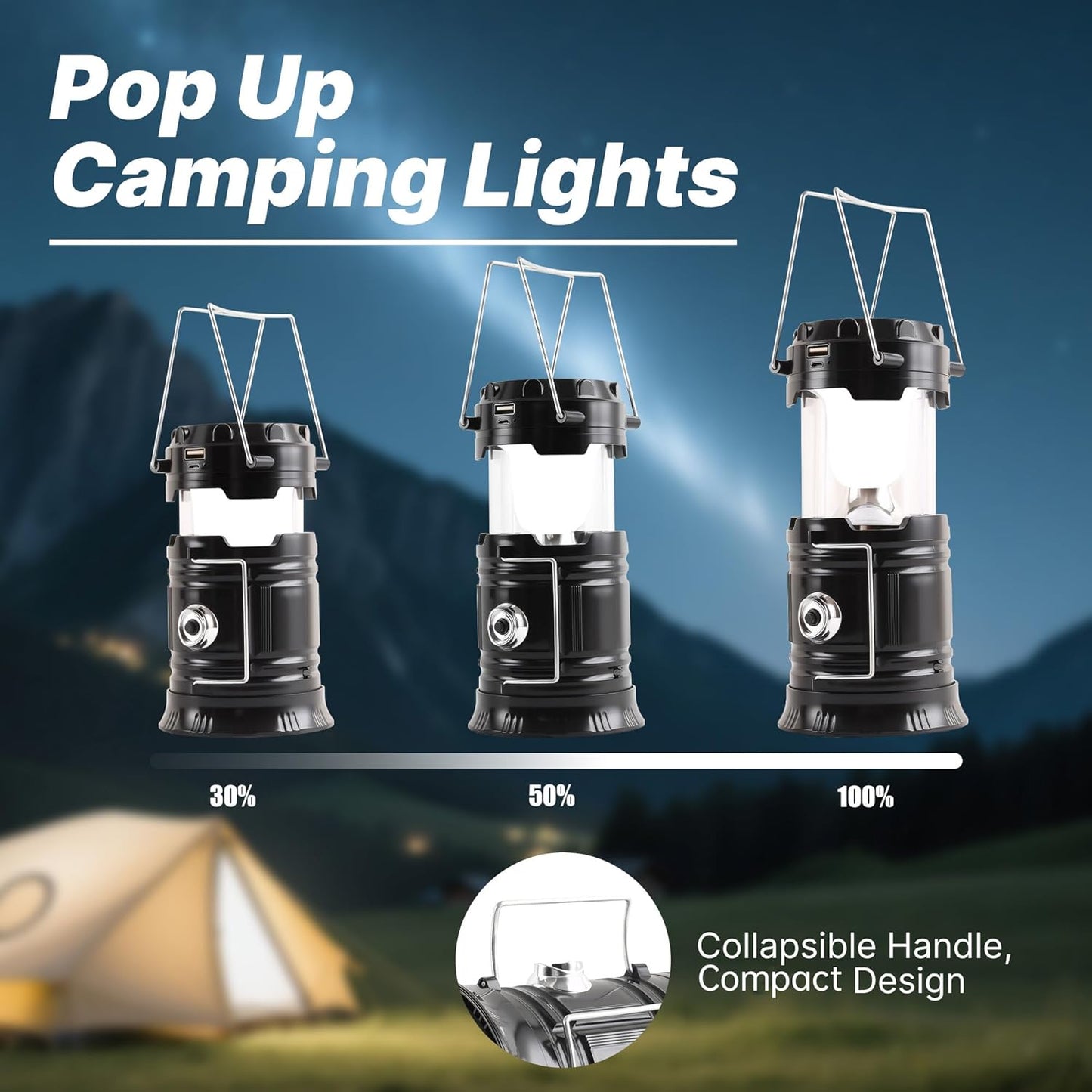Portable LED Camping Lantern - Solar & USB Rechargeable 4 Pack
