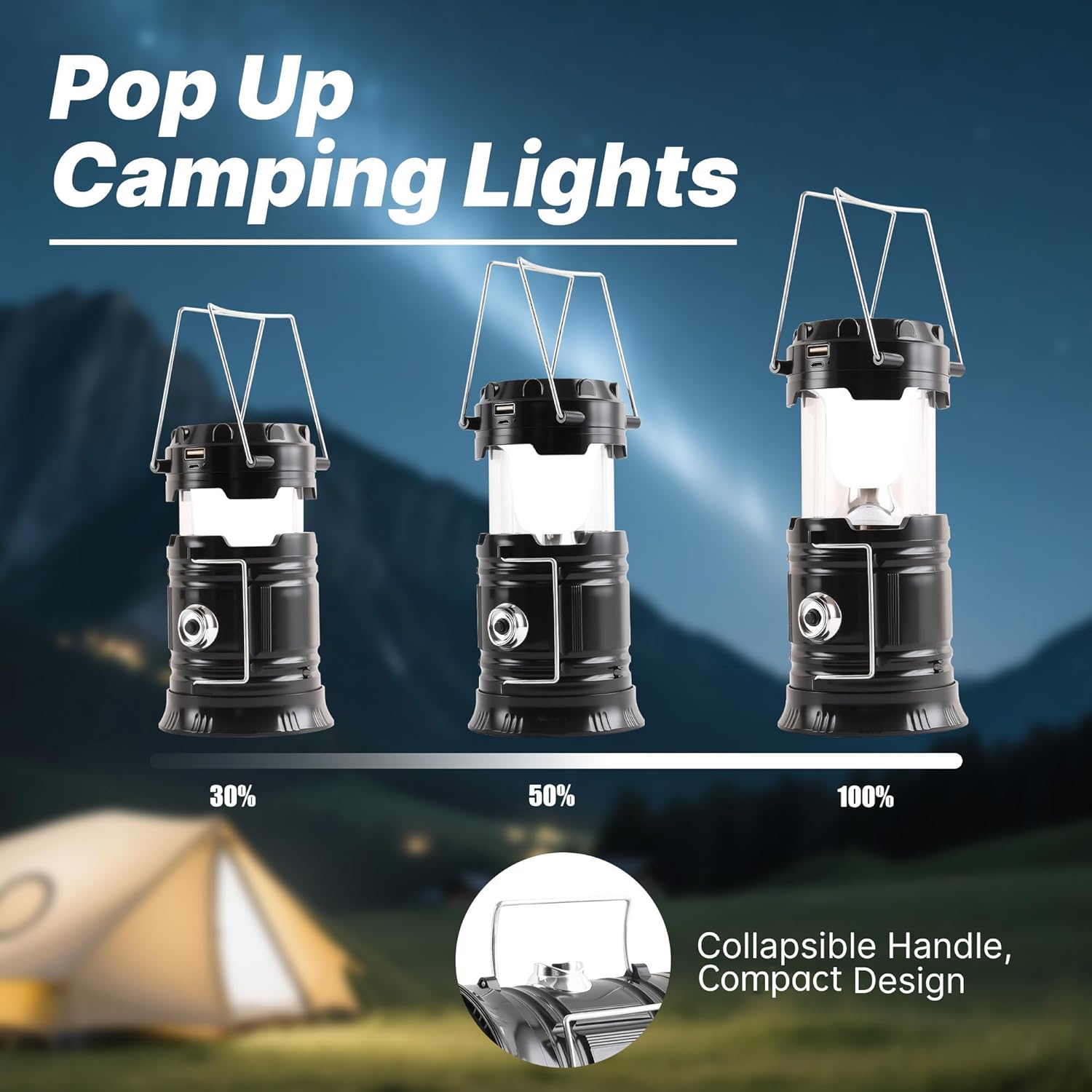 Portable LED Camping Lantern - Solar & USB Rechargeable 4 Pack
