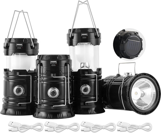 Portable LED Camping Lantern - Solar & USB Rechargeable 4 Pack