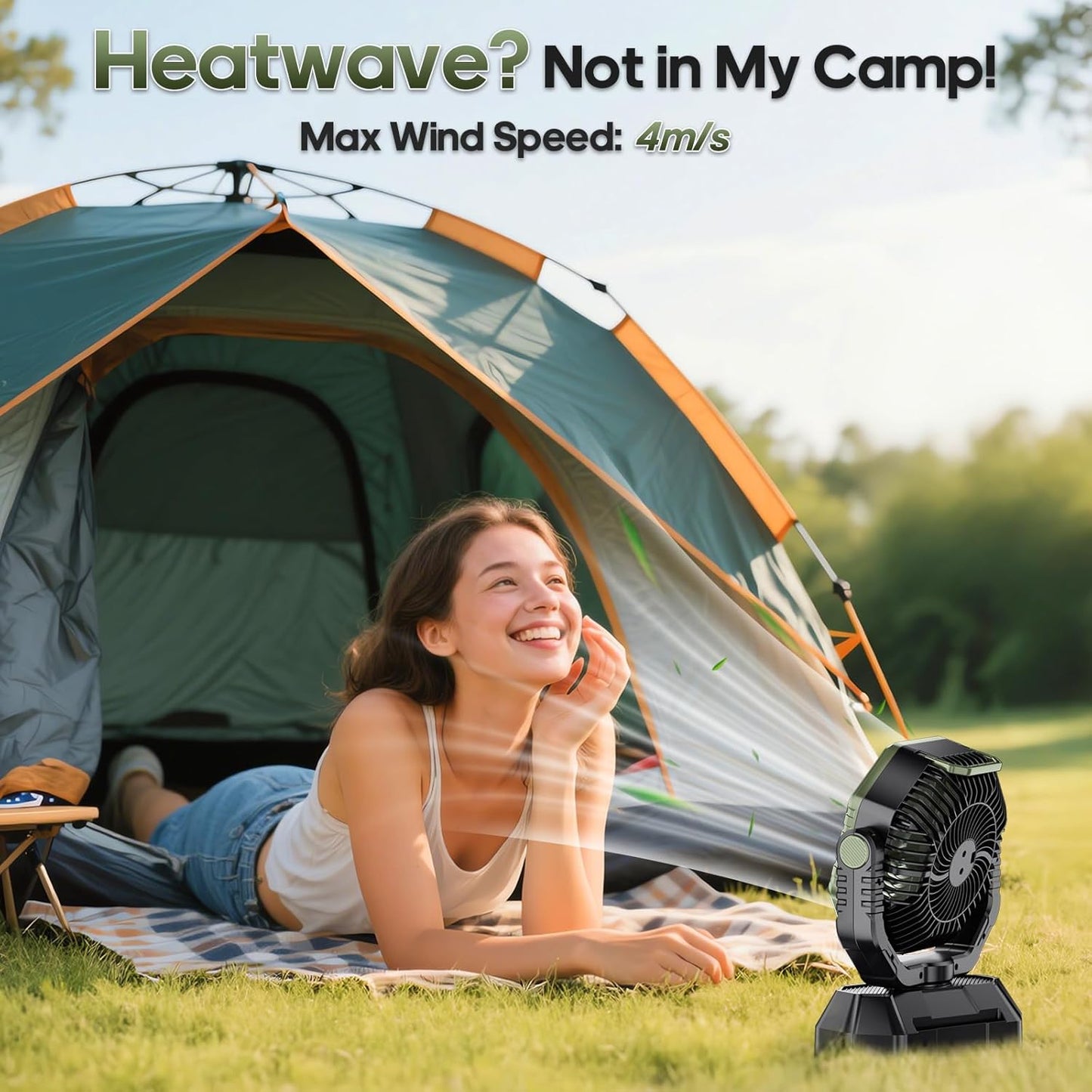 Camping Fan Rechargeable, Battery Powered Fan with Remote Controller, LED Light, Dual Motors, Stepless Speed, 45°/90°/270° Swing,Timer, Portable Fan for Travel Tent Bedroom Beach Fishing, Green