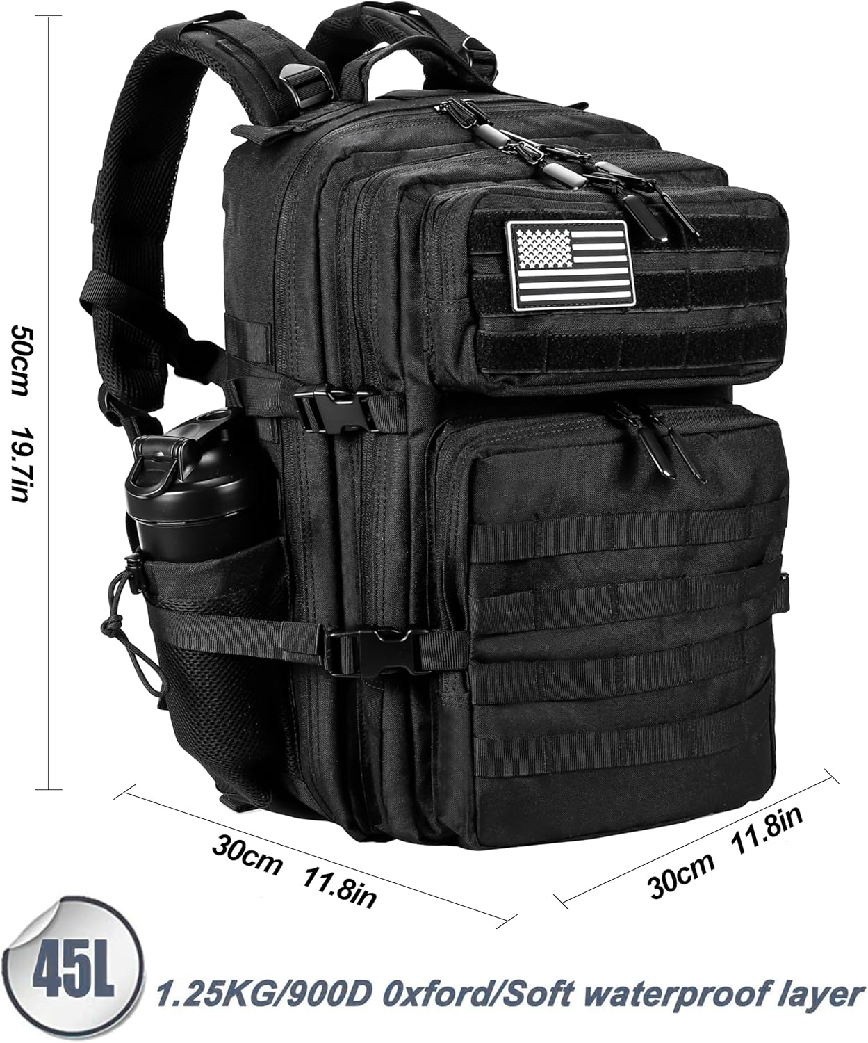 Military Tactical Backpack for Men and Women 45L Army 3 Days Assault Pack Bag Large Rucksack with Molle System - Black