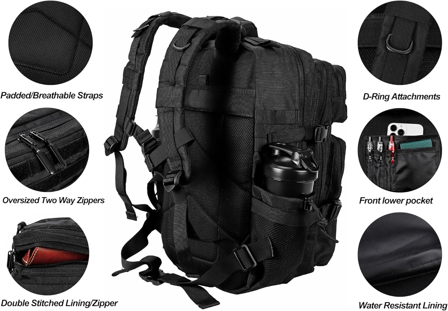 Military Tactical Backpack for Men and Women 45L Army 3 Days Assault Pack Bag Large Rucksack with Molle System - Black