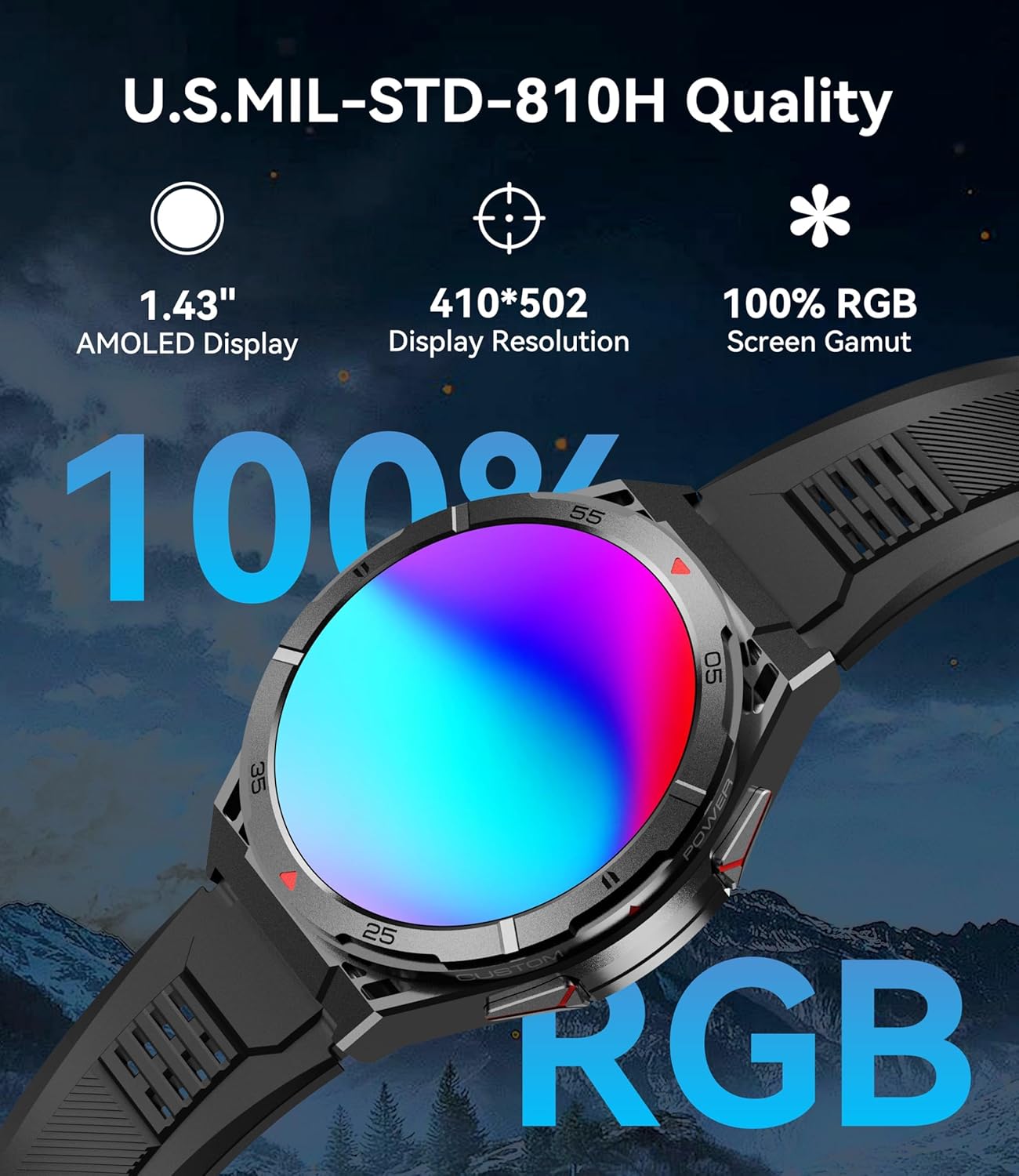 Smart Watch for Men GPS, 1.43" AMOLED Display, 5ATM Waterproof Military Watch, 150+ Sport Modes, Fitness Activity Tracke with Compass Pedometer Sleep Monitor Heart Rate, for Android Ios