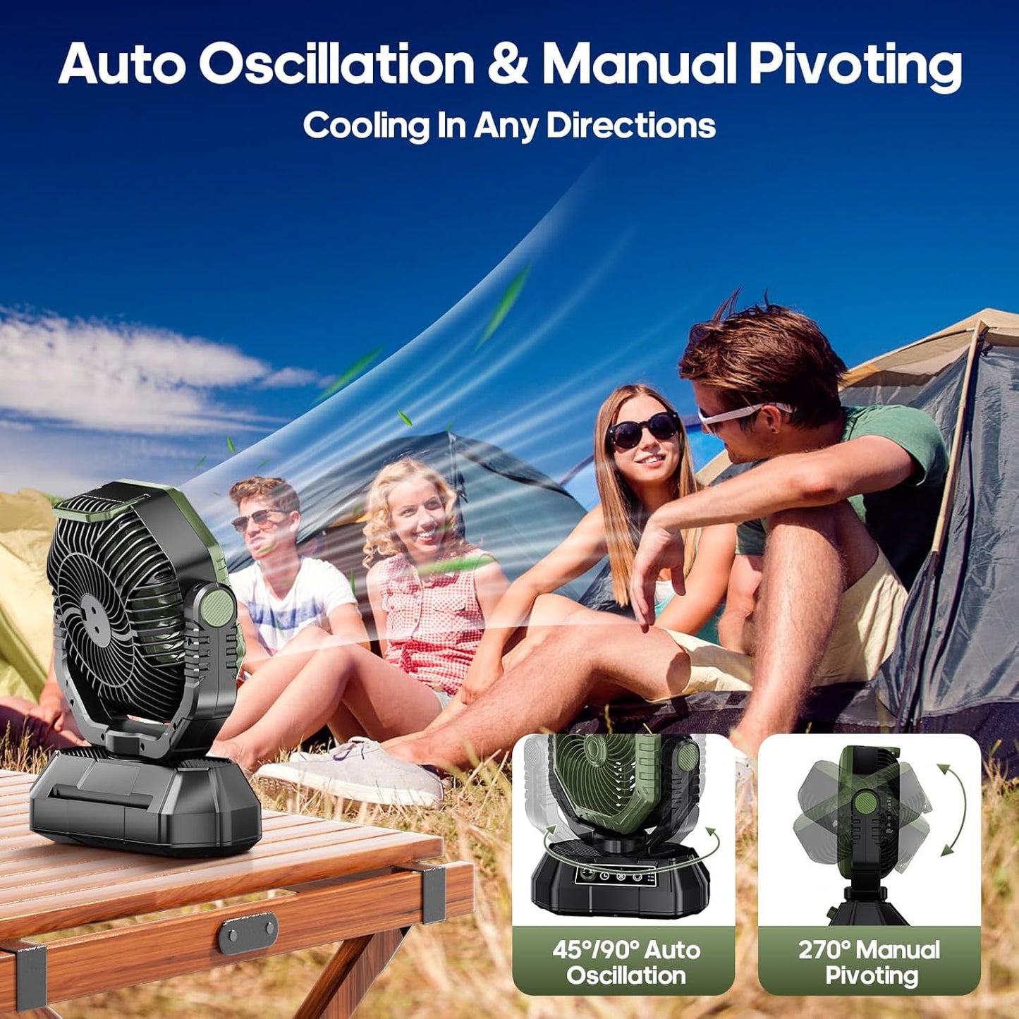 Camping Fan Rechargeable, Battery Powered Fan with Remote Controller, LED Light, Dual Motors, Stepless Speed, 45°/90°/270° Swing,Timer, Portable Fan for Travel Tent Bedroom Beach Fishing, Green