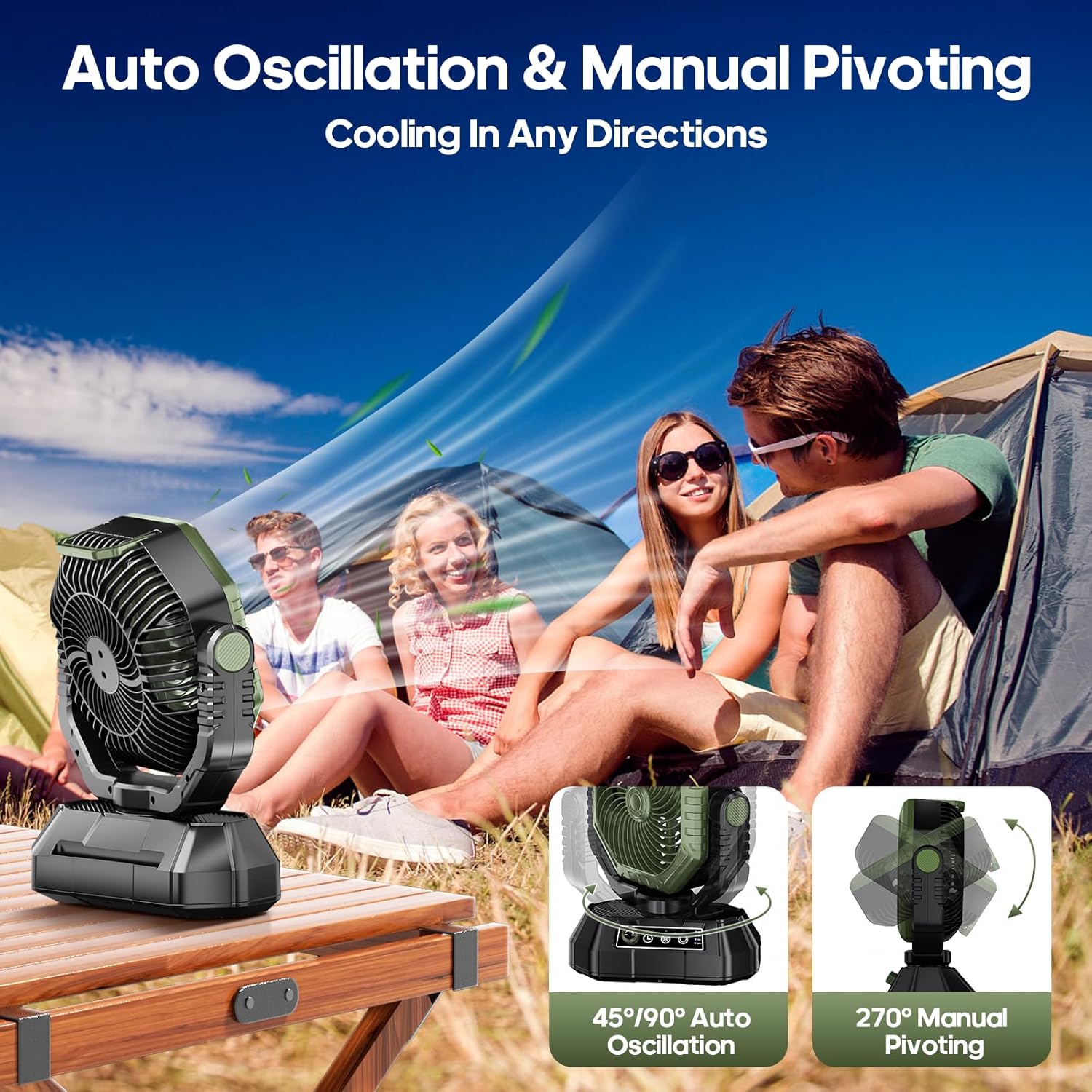Camping Fan Rechargeable, Battery Powered Fan with Remote Controller, LED Light, Dual Motors, Stepless Speed, 45°/90°/270° Swing,Timer, Portable Fan for Travel Tent Bedroom Beach Fishing, Green