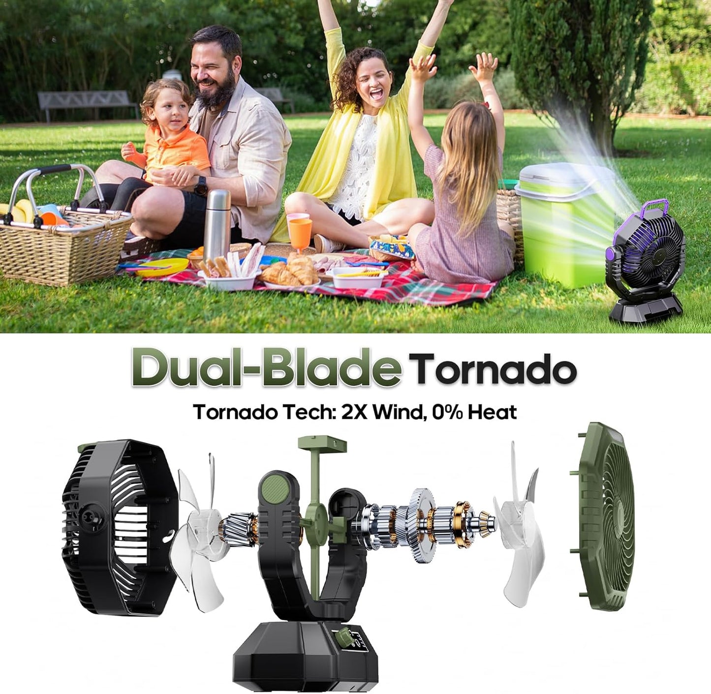 Camping Fan Rechargeable, Battery Powered Fan with Remote Controller, LED Light, Dual Motors, Stepless Speed, 45°/90°/270° Swing,Timer, Portable Fan for Travel Tent Bedroom Beach Fishing, Green