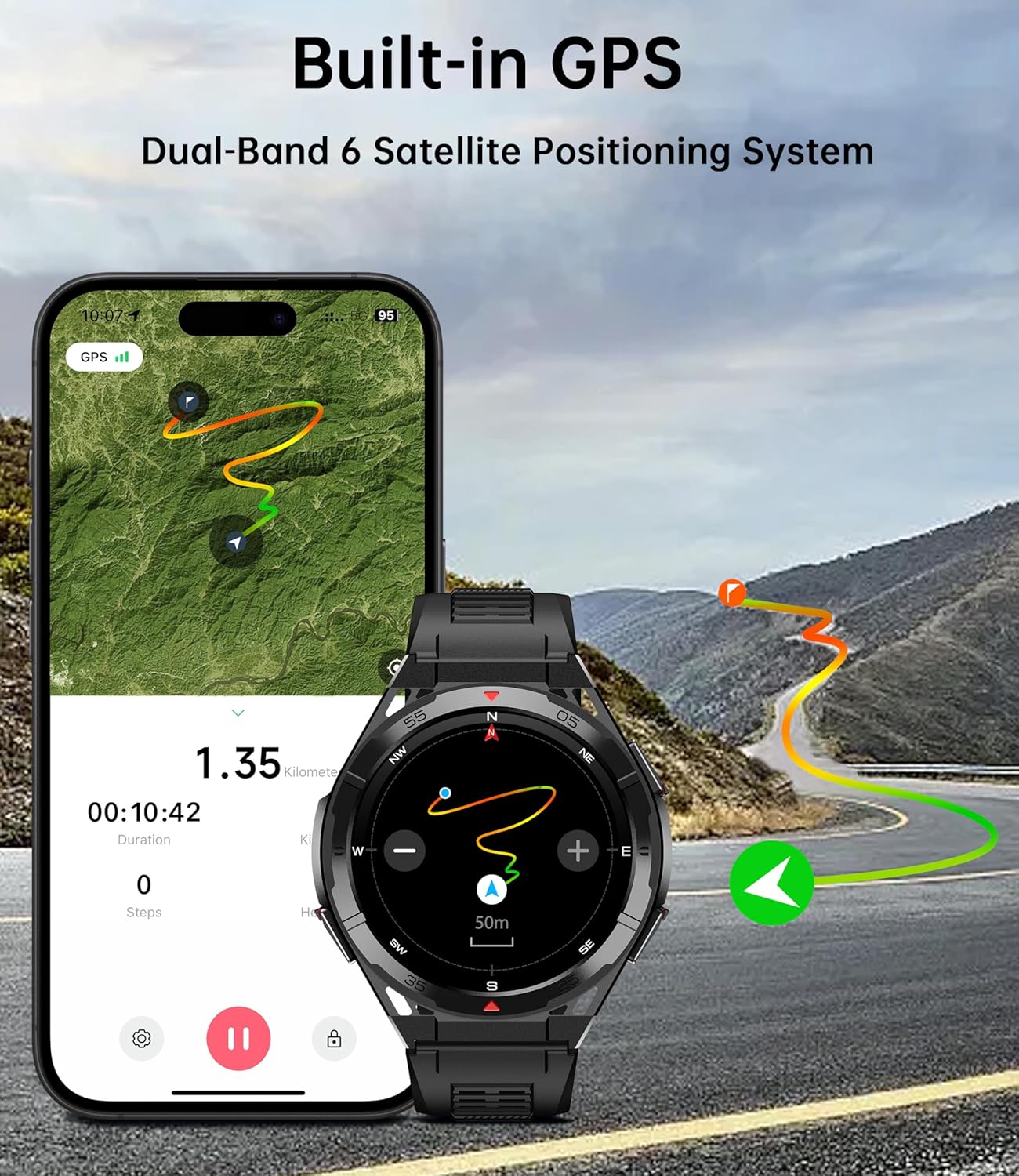 Smart Watch for Men GPS, 1.43" AMOLED Display, 5ATM Waterproof Military Watch, 150+ Sport Modes, Fitness Activity Tracke with Compass Pedometer Sleep Monitor Heart Rate, for Android Ios