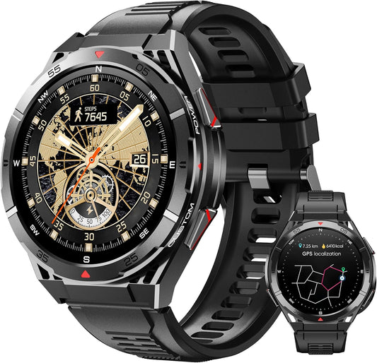 Smart Watch for Men GPS, 1.43" AMOLED Display, 5ATM Waterproof Military Watch, 150+ Sport Modes, Fitness Activity Tracke with Compass Pedometer Sleep Monitor Heart Rate, for Android Ios