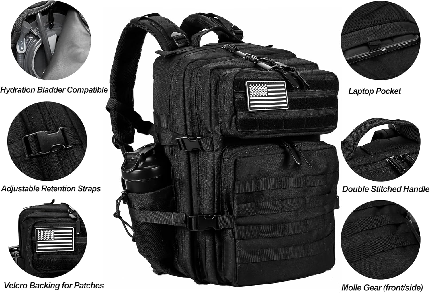 Military Tactical Backpack for Men and Women 45L Army 3 Days Assault Pack Bag Large Rucksack with Molle System - Black