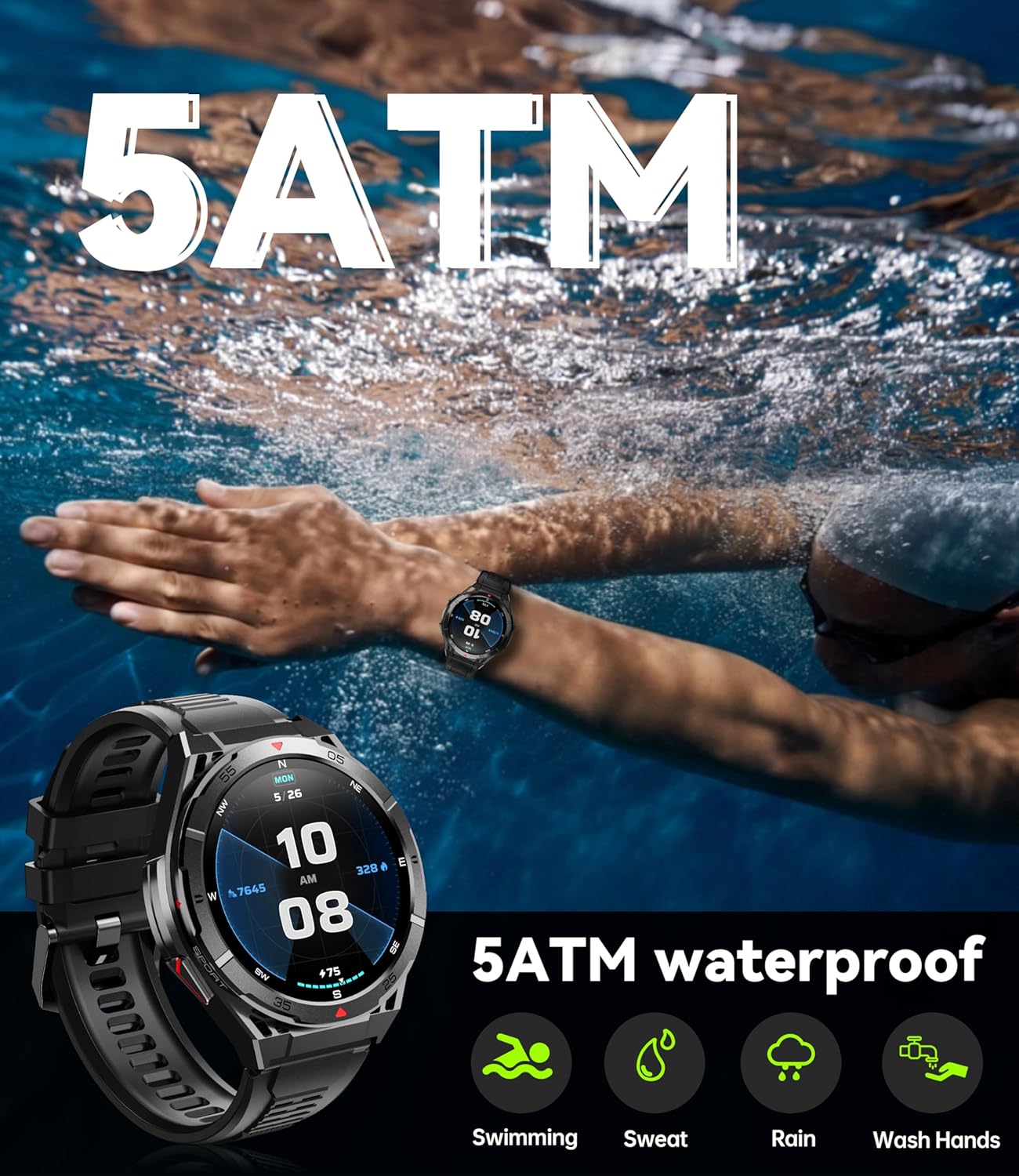 Smart Watch for Men GPS, 1.43" AMOLED Display, 5ATM Waterproof Military Watch, 150+ Sport Modes, Fitness Activity Tracke with Compass Pedometer Sleep Monitor Heart Rate, for Android Ios